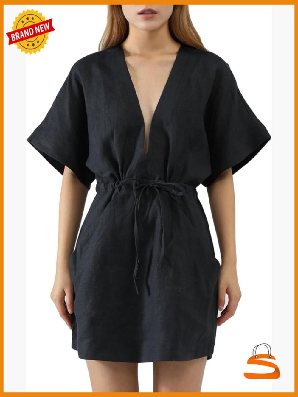 100% Linen Sleeveless V Neck Beach Cover Up Lounge Dress Robe